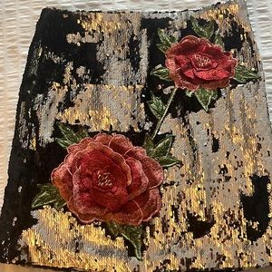 Forever21 skirt, sequins black/silver, embroidered pink flowers